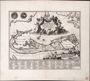 Mappa Aestivarum Insularum, alias Barmudas dictarum. Hoja suelta, grabado. de Arnoldus Montanus