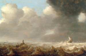 Barcos de pesca en mar agitado de Arnoldus van Anthonissen