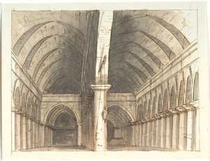 Interior de la planta baja de una iglesia (?) con columnas y bóvedas de Aron Wallick