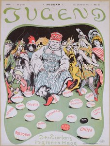 Baile del huevo, caricatura sobre la Primera Conferencia de Paz de La Haya, de la revista alemana Jugend, 29 de julio de 1899 de Arpad Schmidhammer