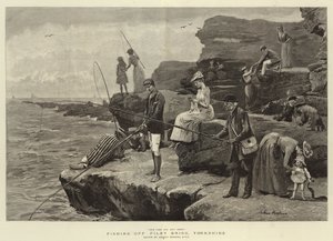 Pescando en Filey Brigg, Yorkshire (grabado) de Arthur (after) Hopkins