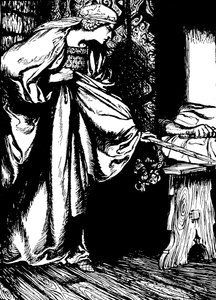 Morgan le Fay robando la espada de Arturo de Arthur (after) Rackham