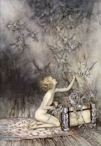 Apertura de la caja de Pandora, escena de Un libro maravilloso, de Nathaniel Hawthorne