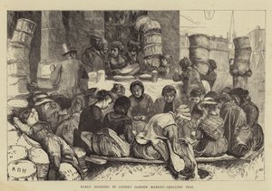 Temprano en la mañana en el mercado de Covent Garden, desgranando guisantes