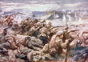 Una heroica acción de retaguardia rusa en la gran retirada polaca (litografía en color)