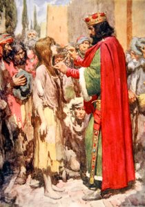 Por un momento se quedaron mirando, la mendiga descalza con sus harapos y el rey con su corona de joyas", Rey Cophetua y la mendiga (litografía en color)