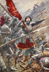 Juana de Arco al frente de sus hombres sosteniendo el estandarte (litografía en color)