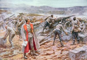Artillería serbia en acción contra los austriacos (litografía en color)
