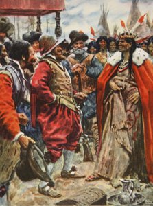 La coronación de Powhatan, ilustración de "This Country of Ours, The Story of the United States" de H.E. Marshall