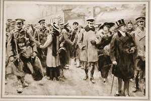 El fin de semana fuera del frente: Oficiales y hombres británicos con permiso corto de las trincheras llegando a Victoria, de 