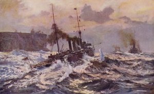 Buques de guerra de la marina australiana saliendo del puerto de Sydney (litografia en color) de Arthur C. Burgess
