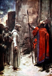 Enrique IV de Alemania fuera de las puertas de Canossa, Italia, 1077, 1913 de Arthur C Michael