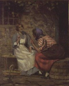 Escándalo, dos chicas cotilleando fuera de una casa de campo de Arthur Claude Cooke