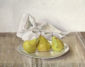 Tres peras en un plato, naturaleza muerta, 1990 de Arthur Easton