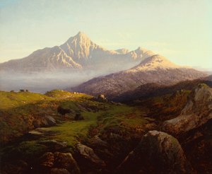 Ganado de las tierras altas en un paisaje montañoso