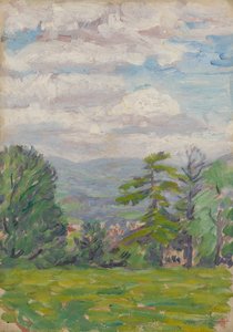 Vista a través del prado y árbol con valle más allá de Arthur Haythorne Studd