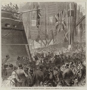 Lanzamiento de la corbeta de tornillo Druid en el astillero de Deptford, la Princesa Louise liberando el Dog-Shore