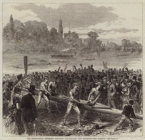 La carrera de botes universitarios internacional, el equipo de Harvard regresando de la práctica de Arthur Hopkins