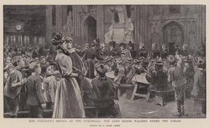 La cena de los niños en el Guildhall, el alcalde caminando alrededor de las mesas