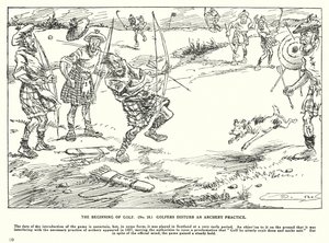 El comienzo del golf, los golfistas perturban una práctica de tiro con arco (litografía) de Arthur Moreland