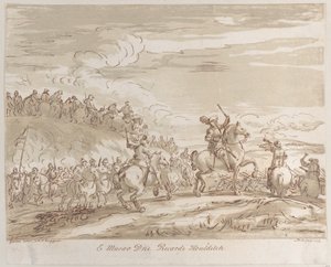 Caballería avanzando al ataque, con una figura central a caballo levantando una espada, 1735 de Arthur Pond