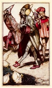 Un caballero laputiano dando un paseo, de la Parte III: Un viaje a Laputa, etc. en Los viajes de Gulliver de Jonathan Swift de Arthur Rackham