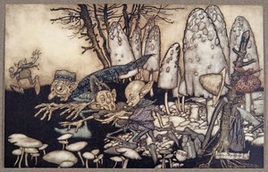 Un grupo de trabajadores que estaban cortando un hongo se fue corriendo dejando sus herramientas, de Peter Pan en los Jardines de Kensington de J M Barrie, pub. 1906 de Arthur Rackham