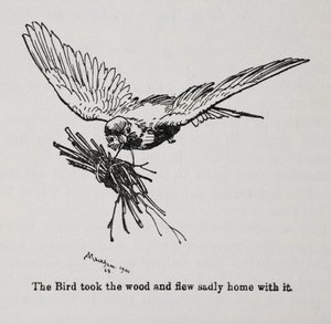 Un pájaro lleva un haz de ramitas.