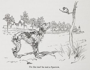 Un perro y un gorrión. de Arthur Rackham