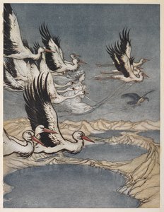 Una bandada de pájaros se lleva a la hija del Conde Mar en la víspera de su boda de Arthur Rackham