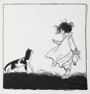 Una niña con una muñeca regaña a su gato.