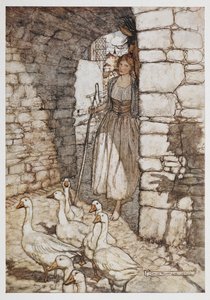 Una chica con gansos. de Arthur Rackham
