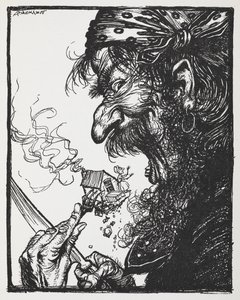 Un hombre grande comiéndose a una señora pequeña y su casa. de Arthur Rackham