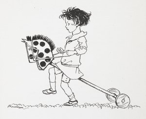 Una niña en un caballito de juguete. de Arthur Rackham
