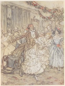 Una fiesta jugando al farol del ciego. Un hombre con una venda persigue a una mujer con un vestido de volantes de Arthur Rackham