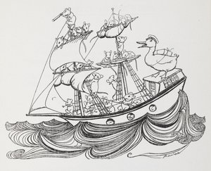 Un barco tripulado por ratones y capitaneado por un pato. de Arthur Rackham