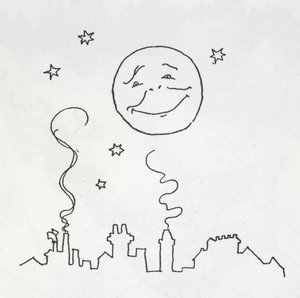 Una luna sonriente sobre los tejados de Arthur Rackham