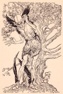 Un tipo terrible, la mitad de grande que el árbol junto al que estaba. Ilustración de Arthur Rackham del cuento de Grimm El espíritu en la botella de cristal. de Arthur Rackham