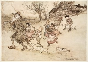Un grupo de niños extraños corría tras él, burlándose y señalando su barba gris., de Rip Van Winkle de Washington Irving, pub. 1910 de Arthur Rackham