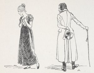 Una joven pareja discute, la mujer se ha dado la vuelta apretando un pañuelo contra su pecho. de Arthur Rackham