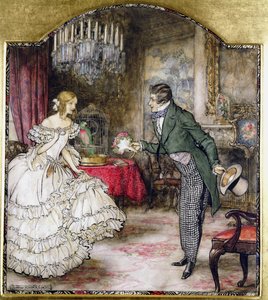 Un joven presentando un ramo a una chica en una sala de dibujo de Arthur Rackham