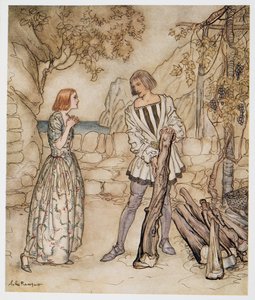 Ay, ahora, por favor, no trabajes tan duro, ilustración de La Tempestad de William Shakespeare, pub. 1926 de Arthur Rackham