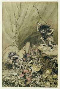 Alberich conduce a una banda de Nibelungos cargados con tesoros de oro y plata, una ilustración de El Oro del Rin y la Valquiria de Richard Wagner de Arthur Rackham