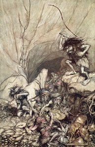Alberich conduce una banda de nibelungos con tesoros de oro y plata, 1910 de Arthur Rackham