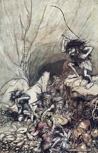 Alberich conduce una banda de Nibelungos cargados con tesoros de oro y plata. Ilustración para El Rhi de Arthur Rackham