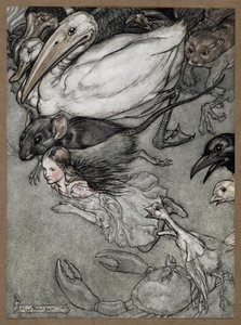 Alice y varios animales nadando, entre ellos una rata, un pato, un dodo, un cuervo, una comadreja, un cangrejo y un polluelo. de Arthur Rackham