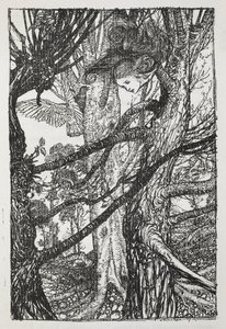 Alice como una serpiente hablando con una paloma de Arthur Rackham