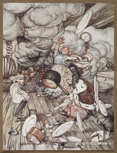 Alicia en la cocina con la Duquesa, un cocinero y el Gato de Cheshire de Arthur Rackham