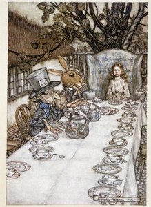 Alicia toma el té en la fiesta de los locos (El Sombrerero y la Liebre de Marzo) - en “Las aventuras de Alicia en el país de las maravillas”, Lewis Carroll, ilustrado por Arthur Rackham (1867-1939)