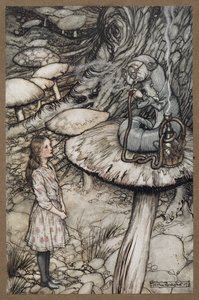 Alicia hablando con la Oruga que está sentada en una seta fumando en pipa de Arthur Rackham